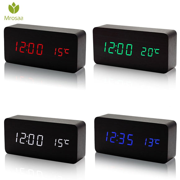 Mrosaa Wooden LED Alarm Clocks Temperature Electronic Clock Sounds Control Digital LED Display Desktop Calendar Table clock